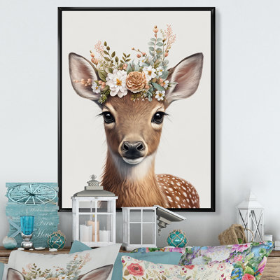 Mignon bébé cerf avec couronne florale I - animaux, art mural sur toile