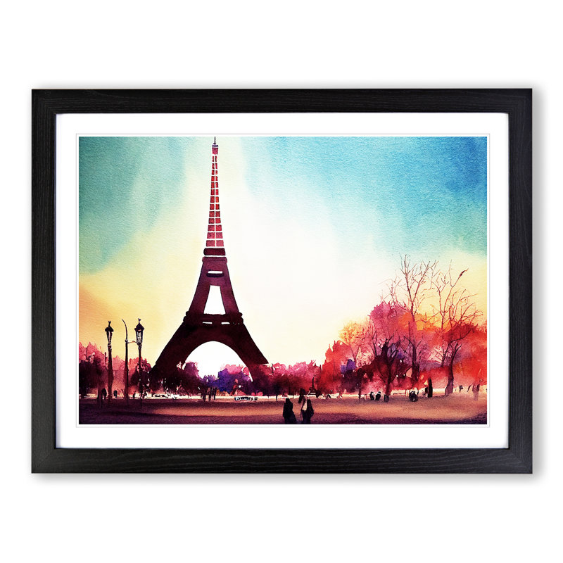Eiffel Tower In Watercolour Vol.1 - Single Picture Frame Painting, 34cm H x 46cm W x 2cm D, Black