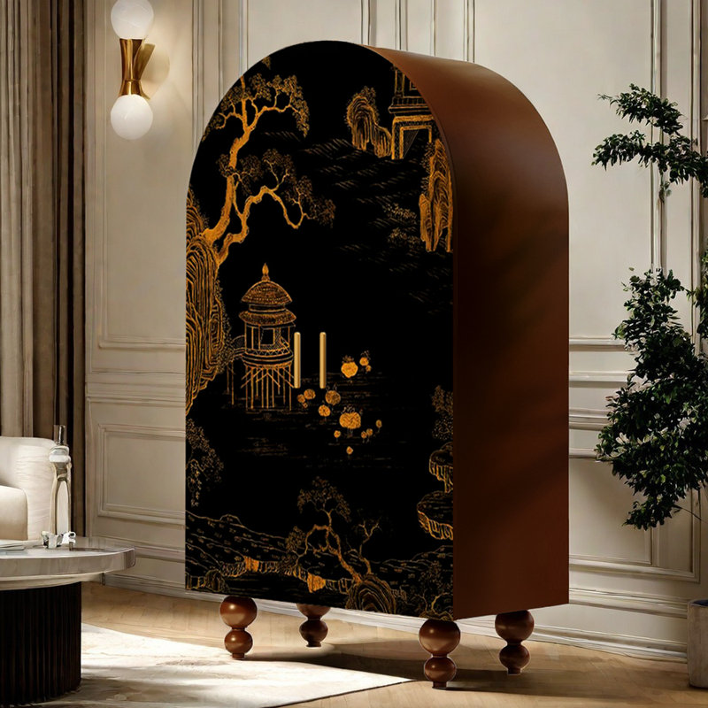 Armoire arquée avec tringle à vêtements et tablettes, Or / noyer / noir