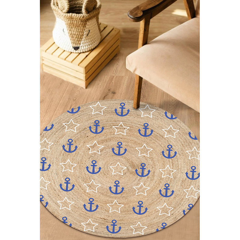 Tapis en jute tissé à la machine en beige / blanc / bleu Burton, Rond 4 pi 11 po