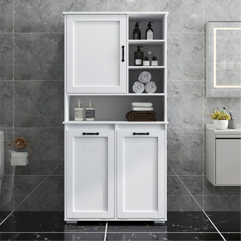 Armoire de buanderie autoportante - Panier inclinable, Portes, Tablette, Rangement multiple, Blanc, Option de tablette réglable Panier facile d'entretien, Autoportant, Réglable, Blanc