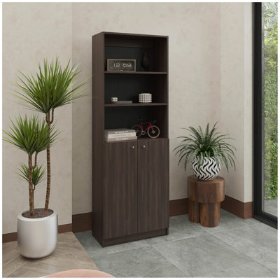 2-Door Bookcase With Upper Shelves, Dark Walnut / Black Wengue
