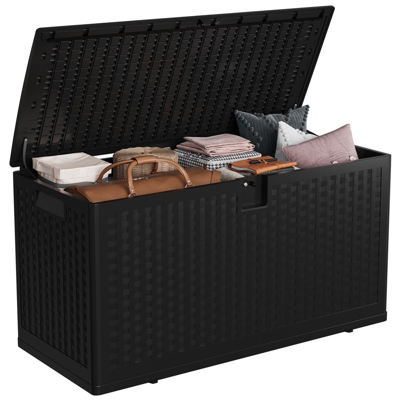 73 Gallon Rattan-Style Outdoor Storage Bench, Lockable Waterproof Resin Deck Box for Patio Cushions, Garden Tools & Pool Gear, Black Imitation Rattan Grain