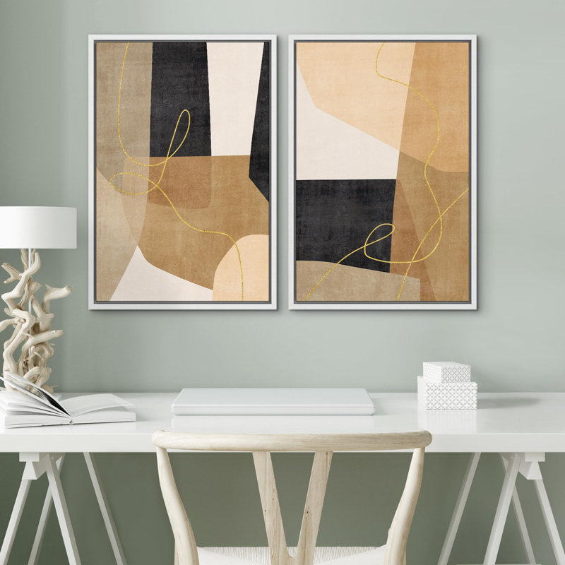 «Modern Geometric Minimalist Abstract Shape», 2 pièces sur toile, Cadre blanc, H 36 po x l 24 po