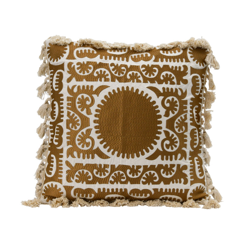Cotton Pillow With Embroidery, Chambray Back And Tassels