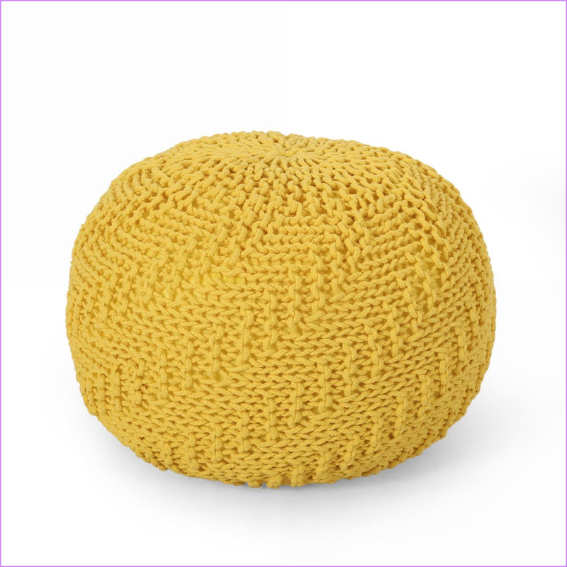 Ottoman Round Knitted Cotton Pouf for Living Room | Mustard Yellow | Cotton, Yellow 
