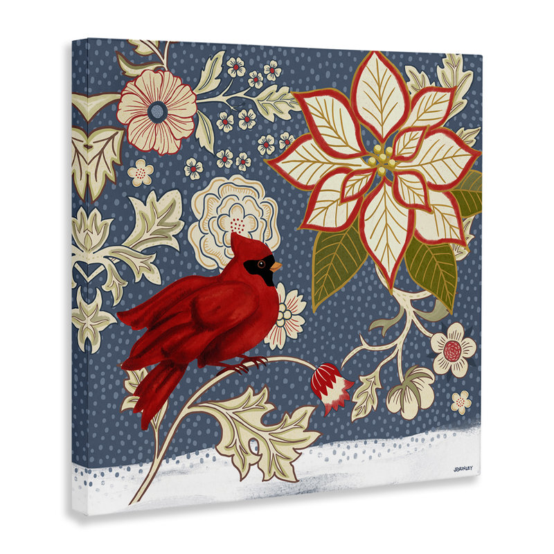 «Winter Cardinal with Flowers», art mural sur toile par Levison Design, H 17 po x l 17 po
