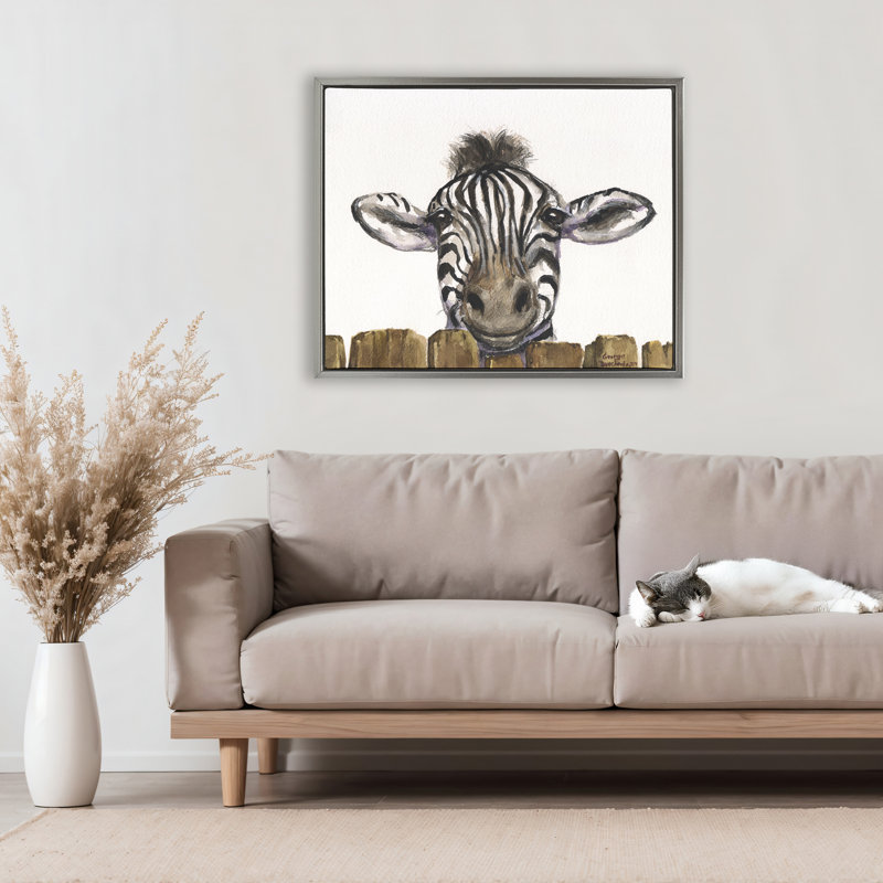 Joli cadre zébré flottant au-dessus d'une clôture, design par George Dyachenko, Cadre flottant gris lustré, H 25 po x l 31 po
