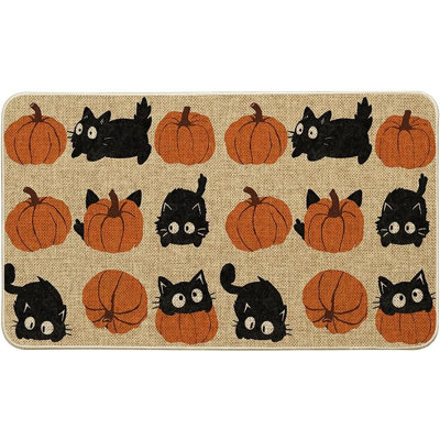 Cute Pumpkin & Black Cat Fall Doormat | Autumn Welcome Mat for Indoor & Outdoor Entryway Decor