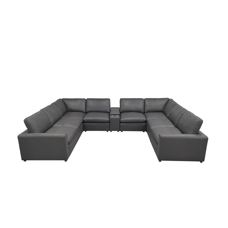 Reestock Top-Grain Leather Large Seating Modular Sectional, Blue Gray