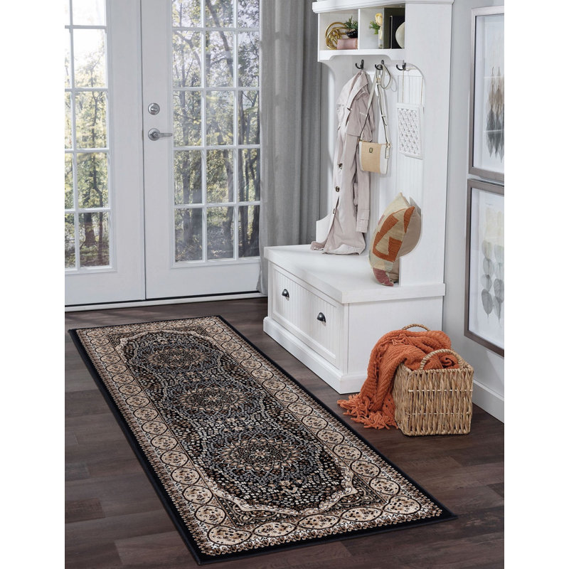 Tapis oriental noir / beige Ellowyn, Tapis de couloir 2 pi 8 po x 8 pi 1 po