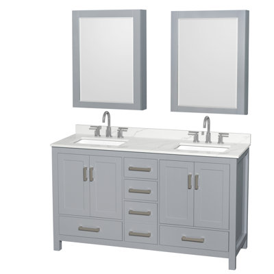 Meuble-lavabo double 60 po avec comptoir en quartz et armoires à pharmacie Sheffield