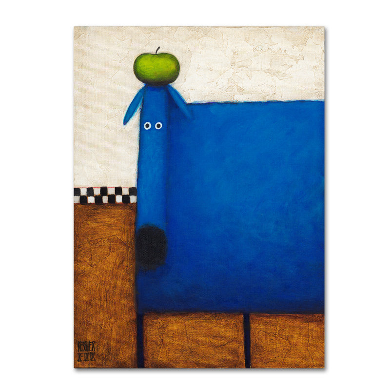 «Blue Dog with Apple» d'Izampo, reproduction sur toile tendue, H 19 po x l 14 po