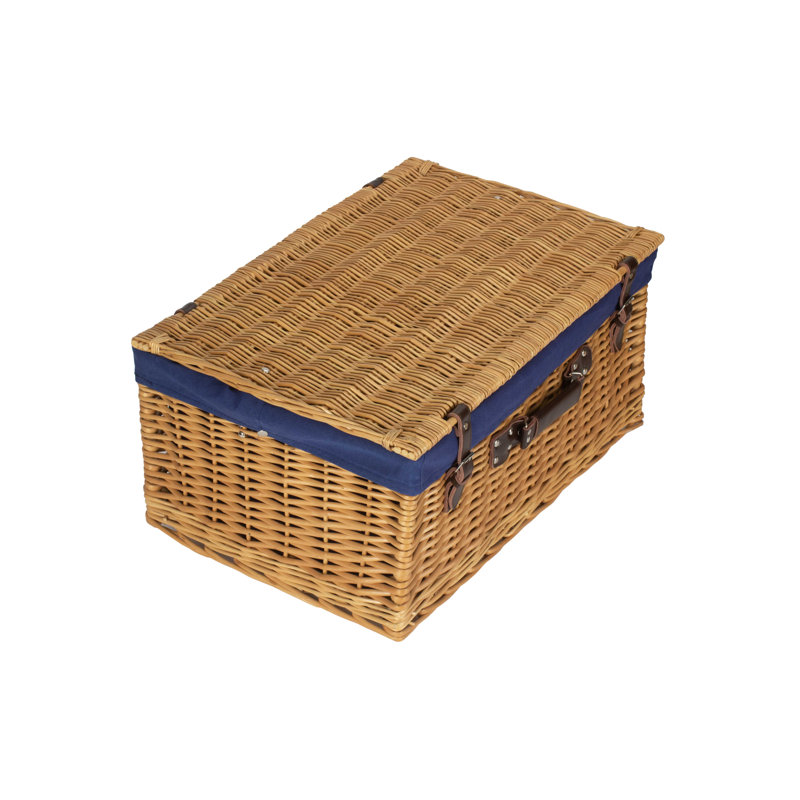 24" Wicker Hamper Basket With Lining, Buff/Navy Blue
