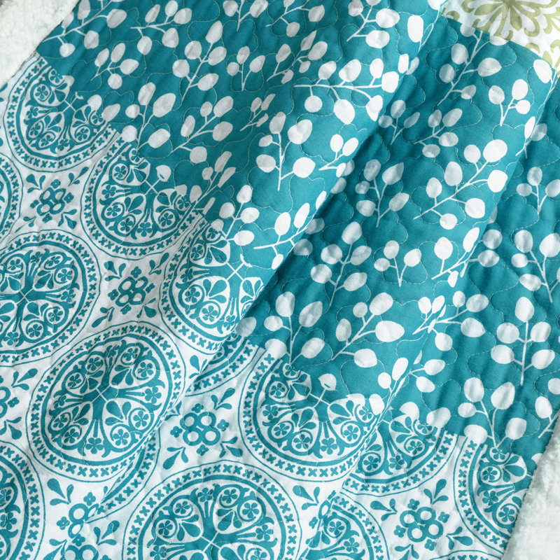 Bohemian Blue and Green Cotton Sherpa Throw Blanket