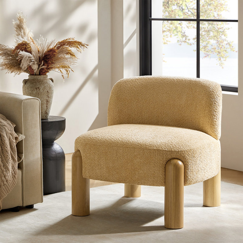 28" W Boucle Armless Accent Chair with Solid Wood Legs, Mustard