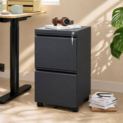 Houndsfield 14.6“ W 2 Drawer Metal File Cabinet with Lock, Mobile Under Desk Filing Cabinet for Home Office, Letter Size, Black File Cabinet