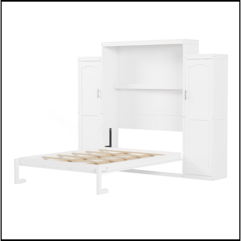 Murphy Bed With 2 Wardrobe And Storage Shelf, Multifunctional Foldable Platform Bedframe For Guest-Room, Bedroom, White