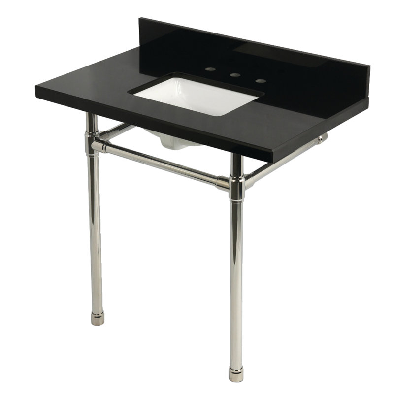Kingston Brass Dreyfuss 36-Inch Black Granite Console Sink with Stainless Steel Legs (8-Inch, 3-Hole), Polished Nickel