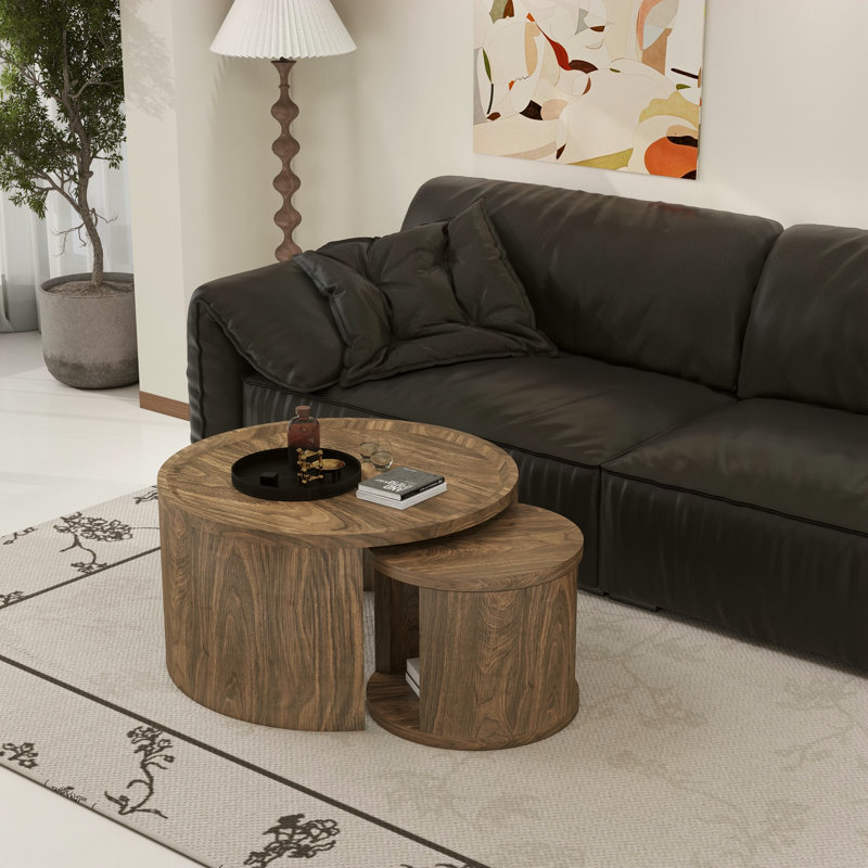 Ensemble de 2 tables basses rondes gigognes rondes, Bois naturel
