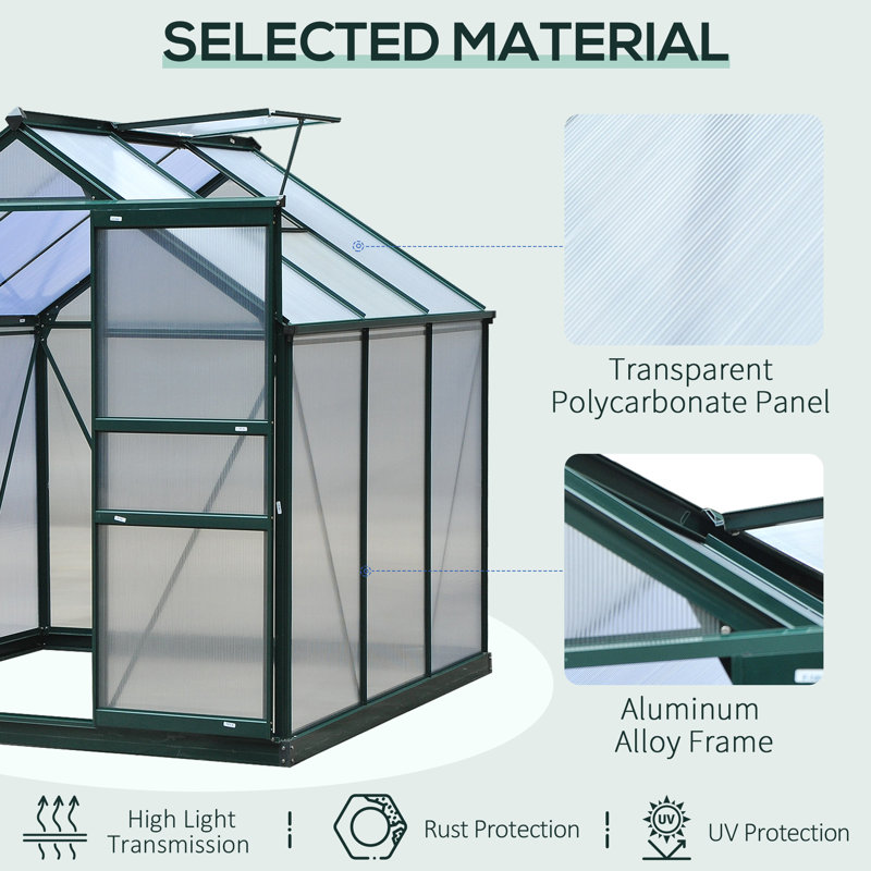 6' X 6' Greenhouse For Outdoors, Polycarbonate Greenhouse With Rain Gutter And Roof Vent, Aluminum Walk-In Green Houses For Outside For Patio Backyard Garden, Dark Green