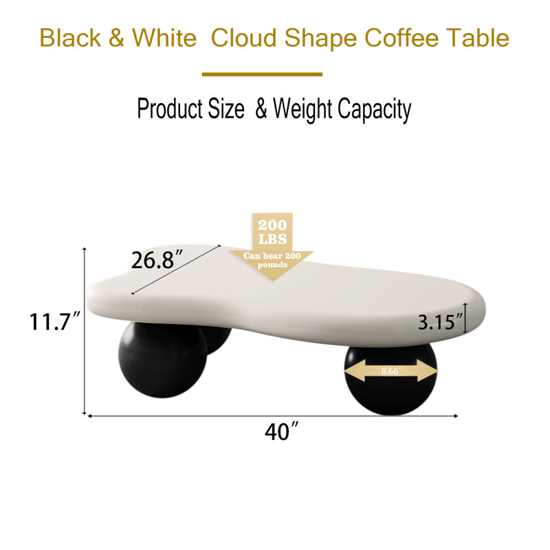 Table d'appoint en forme de nuage, table basse avec 3 pieds sphériques pour le salon, 11.73" H x 40.03" W x 26.83" D