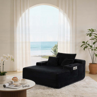 Méridienne convertible en peluche avec accoudoirs larges, coussins décoratifs et porte-gobelet, sans assemblage, pour le salon et la chambre à coucher, noir