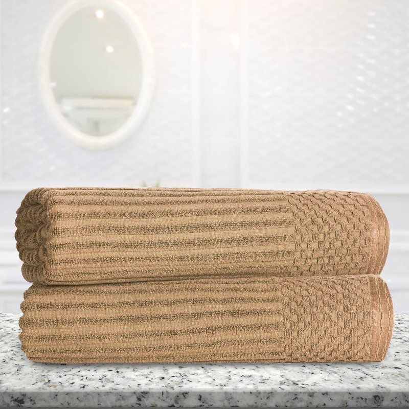 Yaholo Cotton Highly Absorbent Solid and Checkered Border Bath Sheet Set, Coffee