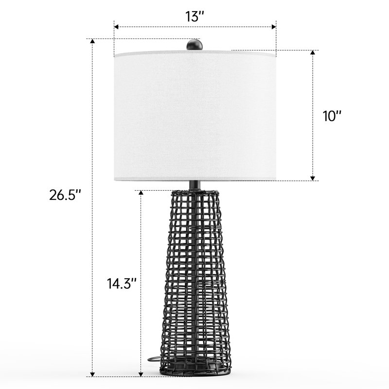 26.5 in. Black Traditional Dimmable Wicker/Rattan For Bedroom Living Room Bedside Desk Nightstand Table Lamp With Linen Drum Shade
