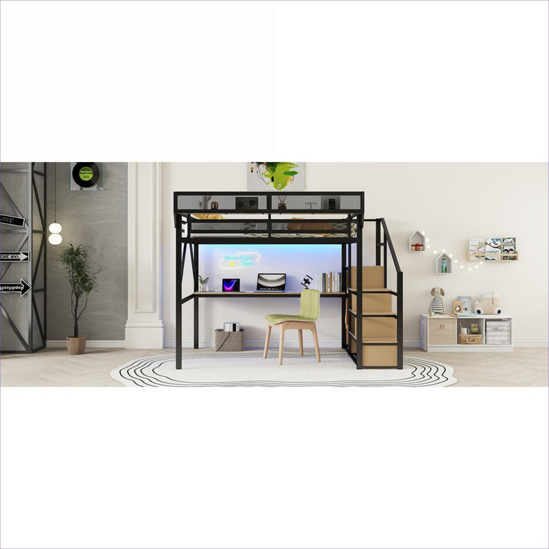 Lit mezzanine double en métal noir de jais, lit fonctionnel peu encombrant avec bureau intégré et station de charge pour les chambres d'enfants et d'adolescents