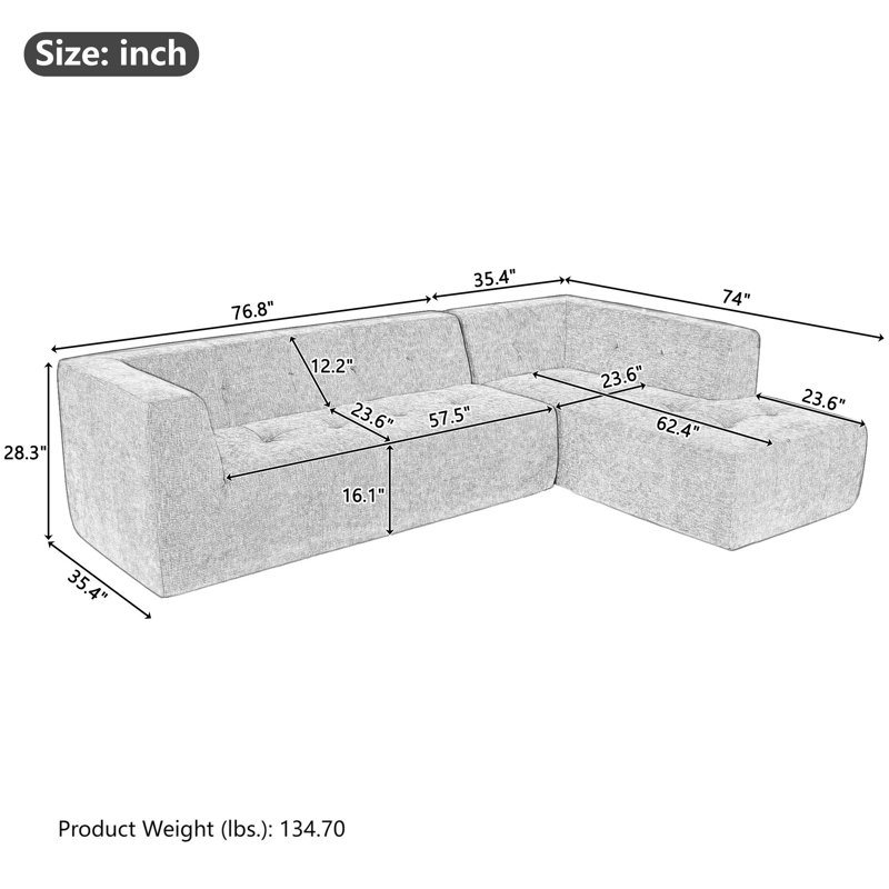 Canapé modulaire en chenille 112,2 po, Chenille gris pâle
