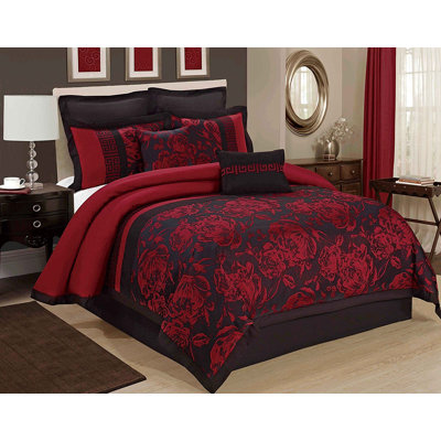 Ensemble d'édredon 8 pièces jacquard à patchwork floral avec jupe de lit, bourgogne, grand