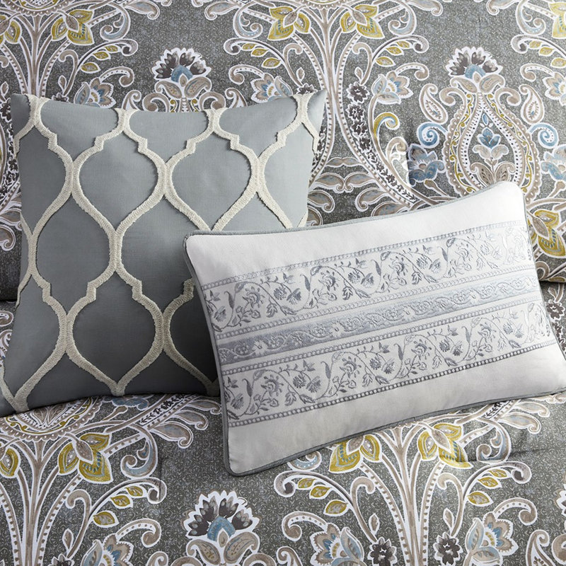 Housse de couette en coton 5 pièces pour lit double / grand gris avec boutons et attaches 100% bleu
