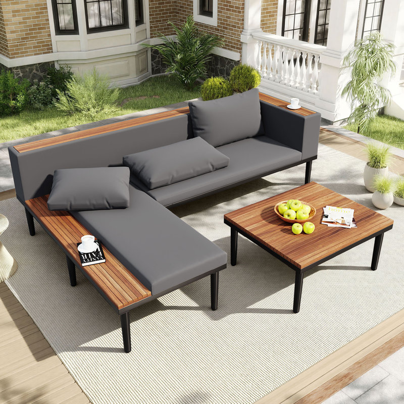 Canapé modulaire de patio en L 89,5 po avec méridienne et table basse, coussins amovibles, Gris