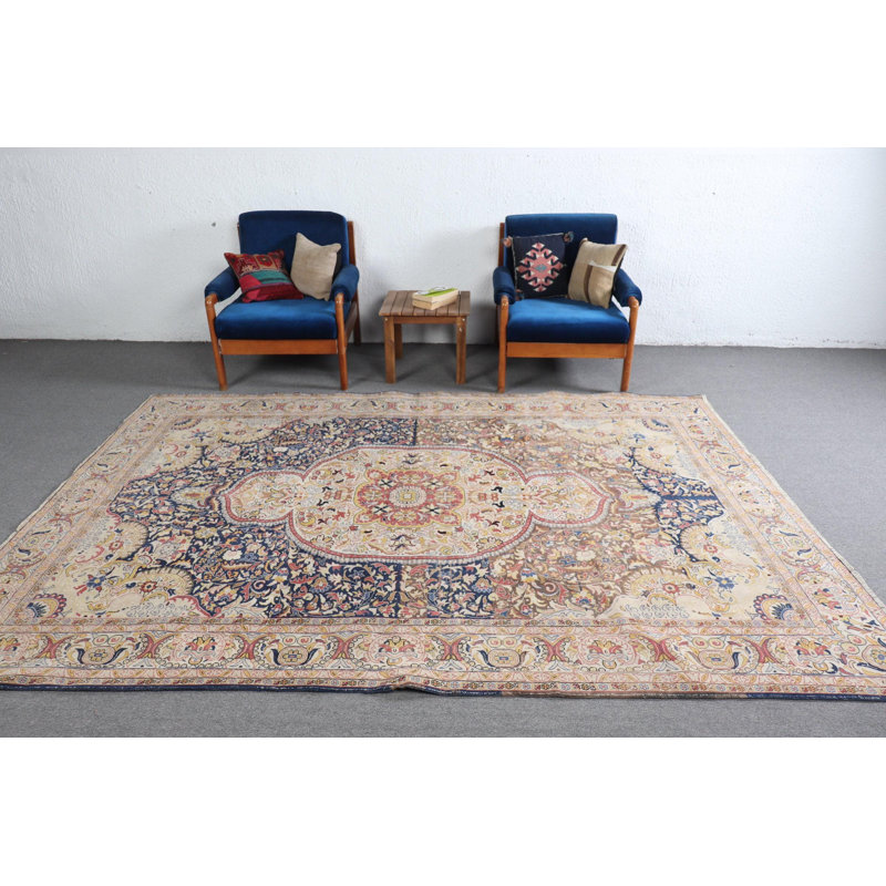 Tapis turc rétro fabriqué à la main avec un élégant motif floral pour le décor du salon