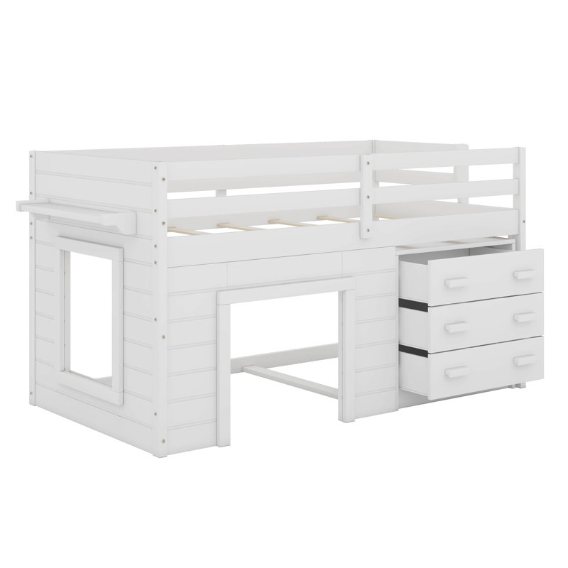 Lit mezzanine simple avec armoire de rangement et tablette, Blanc