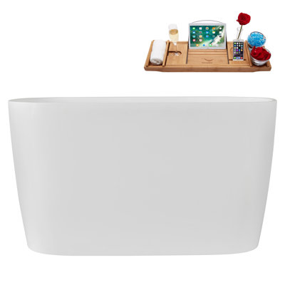 47" Streamline Soaking Glossy White Acrylic Freestanding Bathtub, Bamboo Tray, Drain