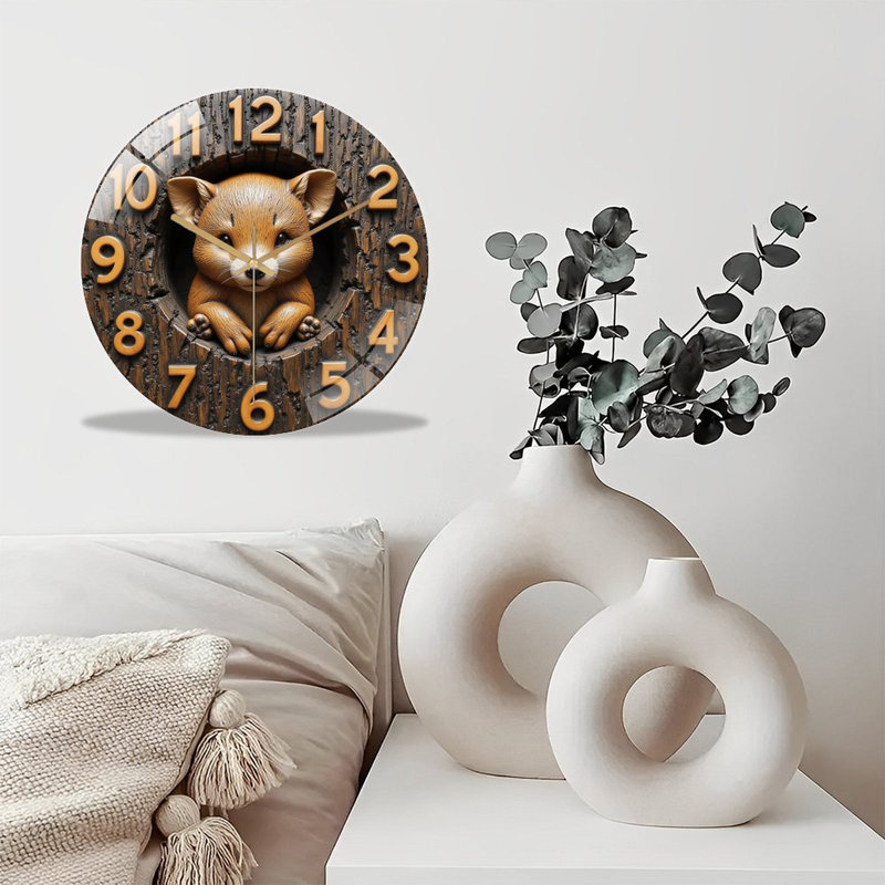Horloge murale silencieuse en verre trempé de 30 cm, « Horloge murale décorative renard », silencieuse (sans tic-tac), fonctionne avec des piles AA (non incluses), décoration artistique pour la maison