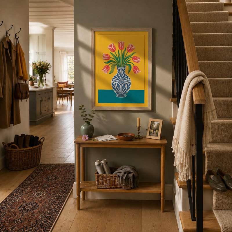 Striped Tulips In Blue Botanical - Print, Oak, A3 - 42.0 x 29.7 cm