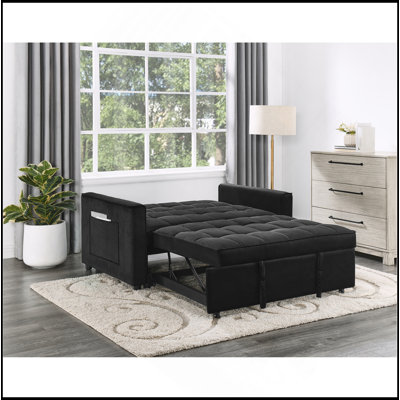 Maeve 53.5"W Black Velvet Convertible Sleeper Loveseat With Tufting And Side Pocket
