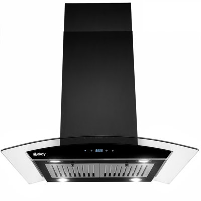 Hotte de cuisine 30 pouces convertible 343 CFM en acier inoxydable peint en noir, verre incurvé transparent et filtre à charbon