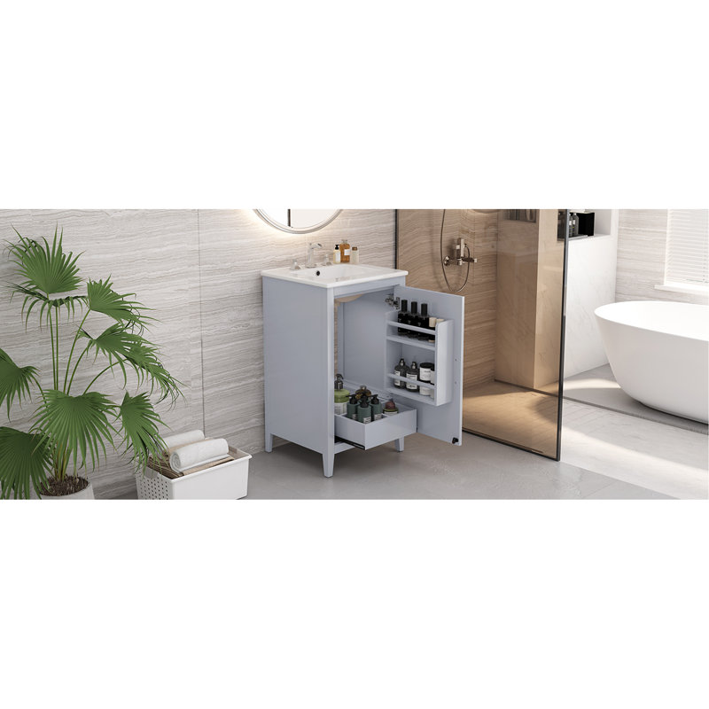 Meuble-lavabo de 20,3 po avec lavabo, tiroir fonctionnel, tablette de porte, porte à fermeture en douceur, Gris