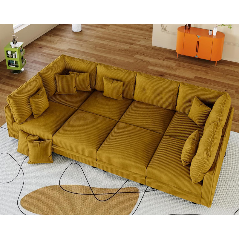 Degennaro 8 Seat Corduroy Convertible Modular Sectional Sleeper With Storage, Yellow Corduroy