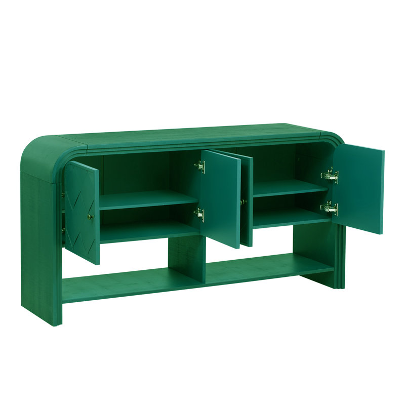 Oasis 60" Console Table With Buffet Cabinets, Curved Edge And Metal Handles, Green