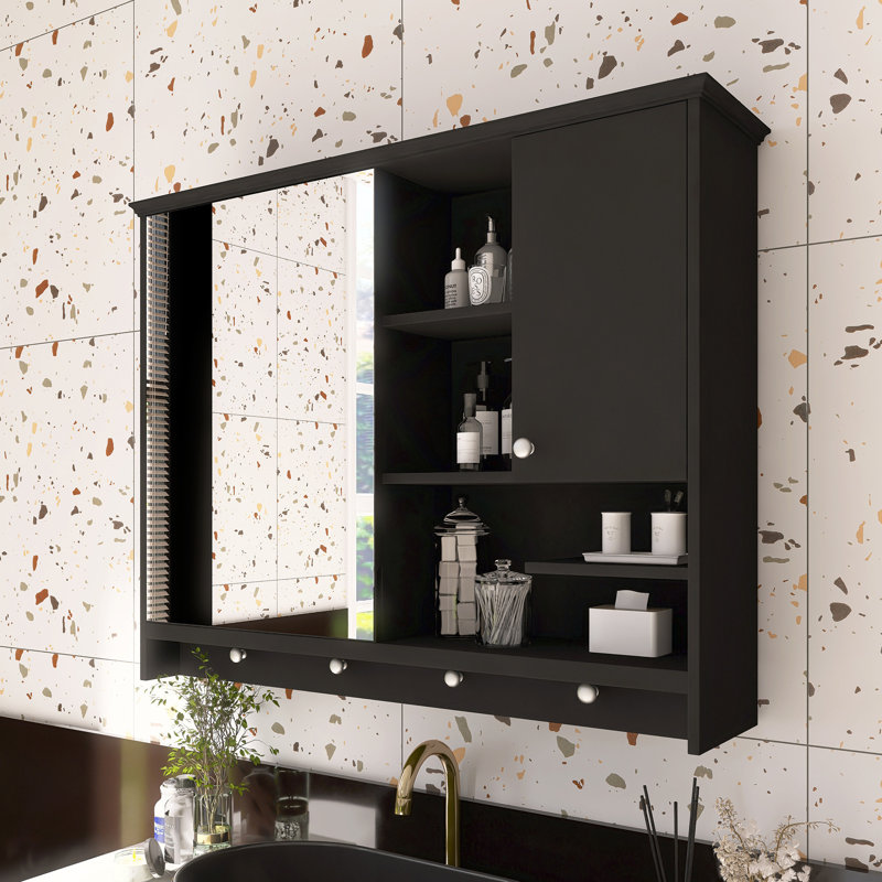 Armoire à pharmacie murale avec porte miroir et tablette réglable, Noir, noir, noir, noir