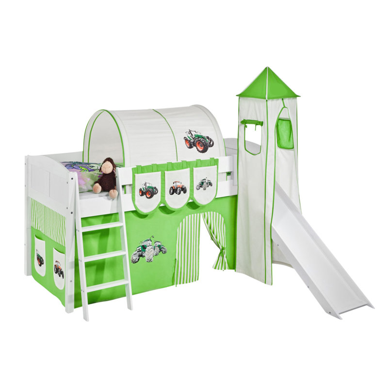 Trecker European Single (90 x 200cm) Mid Sleeper Bed with Curtain, Green / Beige