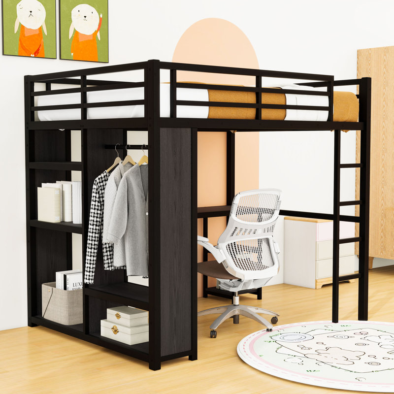 Lit mezzanine en métal avec garde-robe et bureau, Lit double, Noir
