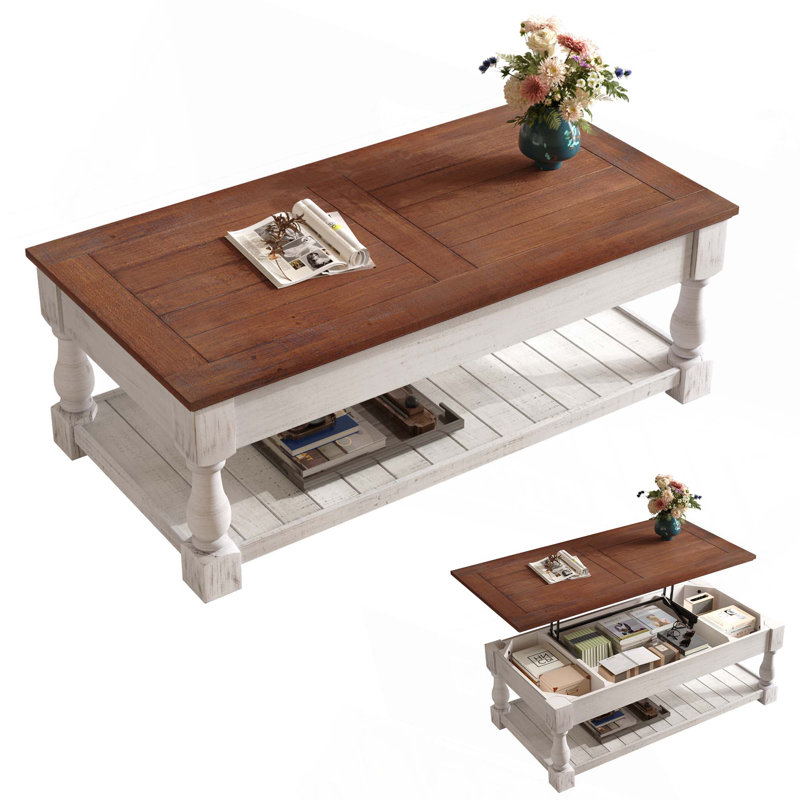 Table basse à plateau relevable rétro avec compartiment inférieur caché pour le rangement dans le salon