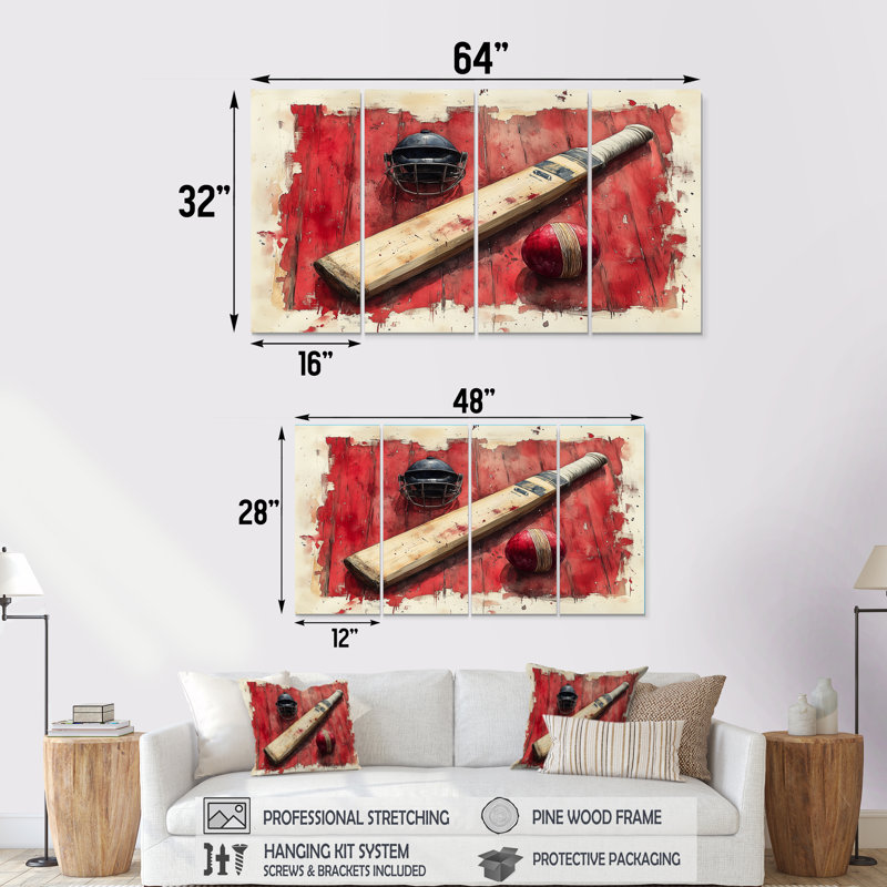 Ensemble de salon de cricket rouge et noir - Cricket Sport Wall Art, H 32 po x l 64 po