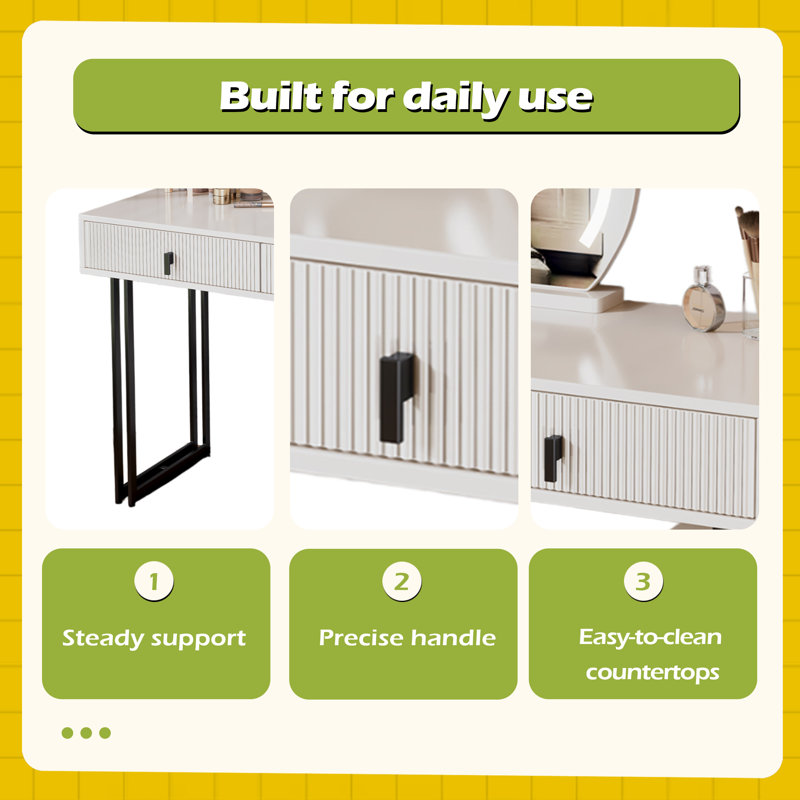 Adjustable-Length Vanity With Cloud LED Mirror - Modern Makeup Table With Storage Drawers  Side Cabinet